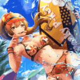 a girl in a bikini is holding a surfboard that says aloha beach