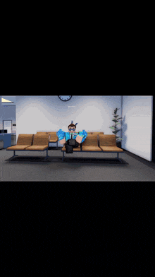 a cartoon character is sitting in a waiting room