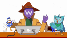 a cartoon of a man sitting at a desk with a laptop and a purple head with the letter w on it