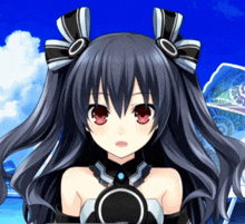 a girl with black hair and red eyes is wearing a black and white dress