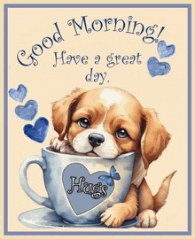 a picture of a puppy in a cup that says hugs