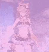 a pink anime girl in a bikini is holding a teddy bear in her hands .