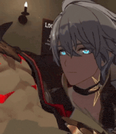 a cartoon character with blue eyes stands in front of a local sign