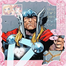 a cartoon of thor with a pink border and the word post on the bottom