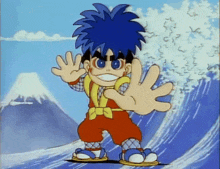 a cartoon character with blue hair and a yellow vest