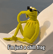 kermit the frog is sitting on a chair with the words i 'm just a chill frog above him