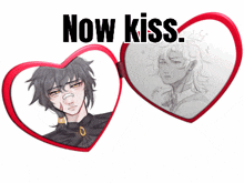 a heart shaped mirror has a picture of a man and the words now kiss