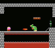 a video game screen shows a dragon with a purple ball and a sword