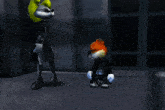 a couple of cartoon characters standing next to each other with one holding a tire