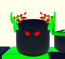 a black object with red eyes and green leaves