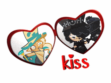 a couple of hearts with the word kiss in red