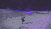 a person is laying in the snow with a purple lightning strike