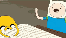 a cartoon character from adventure time is reading a book and giving a high five