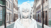 a cartoon character with white hair and a choker on his neck