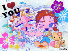 a cartoon drawing of a girl and a boy with the words i love you on top
