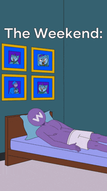 a cartoon of a man laying on a bed with the words " the weekend " written above him