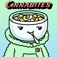 a cartoon drawing of a bowl of cereal with the words cinnabites on the bottom