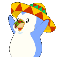 a penguin wearing a sombrero is holding a taco