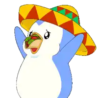a penguin wearing a sombrero is holding a taco