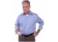 a man in a light blue shirt is holding a glass of water
