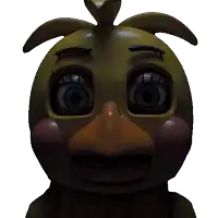 a close up of a stuffed animal with blue eyes that says chicken