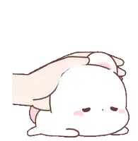 a hand is petting a rabbit 's head while it is laying down .