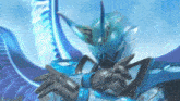 a person in a blue costume with horns and a sword