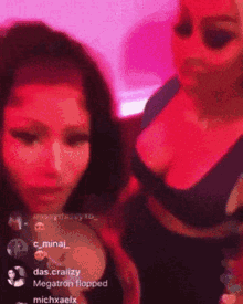 two women are standing next to each other in front of a pink background with the name megatron flopped on the bottom