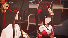 a girl with a mask on her head is talking to another girl in a video game by mls3n