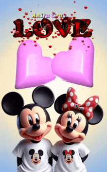 mickey mouse and minnie mouse are standing next to each other with the word love in the background