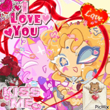 a picture of a girl in a heart with the words i love you kiss me on it