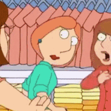 a cartoon of lois griffin standing in front of a stack of sausages