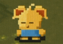 a pixel art drawing of a dog wearing a blue shirt and sandals .