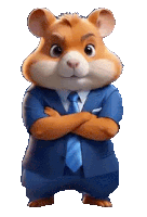 a cartoon hamster wearing a suit and tie with his arms crossed .