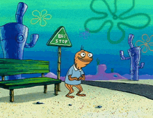 a cartoon character is standing at a bus stop