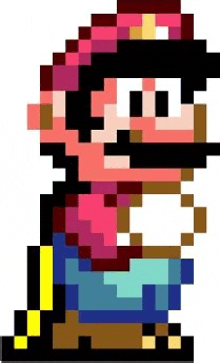 a pixel art of a man with a mustache wearing a pink hat and blue pants .
