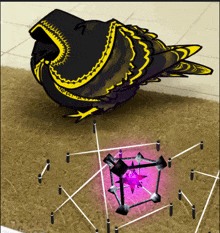 a drawing of a black and yellow bird with a purple cube in the background