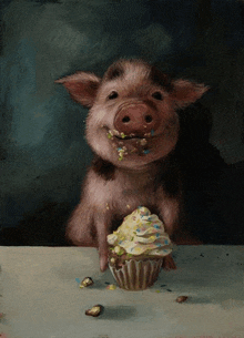 a pig is eating a cupcake with whipped cream