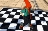 a cartoon character is dancing on a checkerboard floor