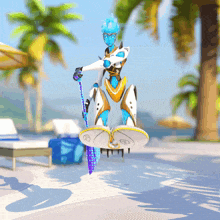 a blue and white robot is standing on a surfboard on the beach