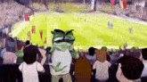 a group of people are watching a soccer game in a stadium with a frog on the field .