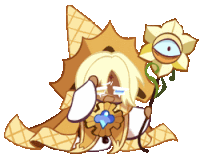 a cartoon character is holding a flower and a cookie