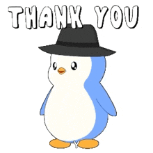 a penguin is holding a black hat in its hand and saying thank you .
