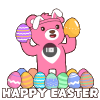 a pink teddy bear with bunny ears is holding easter eggs in front of a pile of easter eggs that say happy easter
