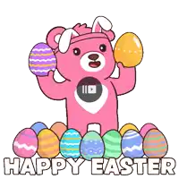 a pink teddy bear with bunny ears is holding easter eggs in front of a pile of easter eggs that say happy easter