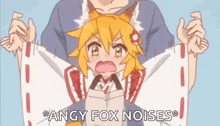 a man is holding a girl in his arms and says `` angy fox noises '' in a cartoon .