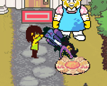 a pixel art drawing of a girl standing next to a giant cartoon character