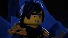 a close up of a lego ninjago character with a surprised expression on his face