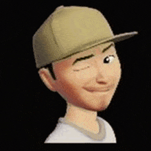 a cartoon man wearing a baseball cap with his eyes glowing