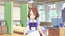 a girl with a horse 's head and ears is standing in a hospital room